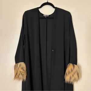 Jennafer Grace black duster with faux fur leopard cuffs